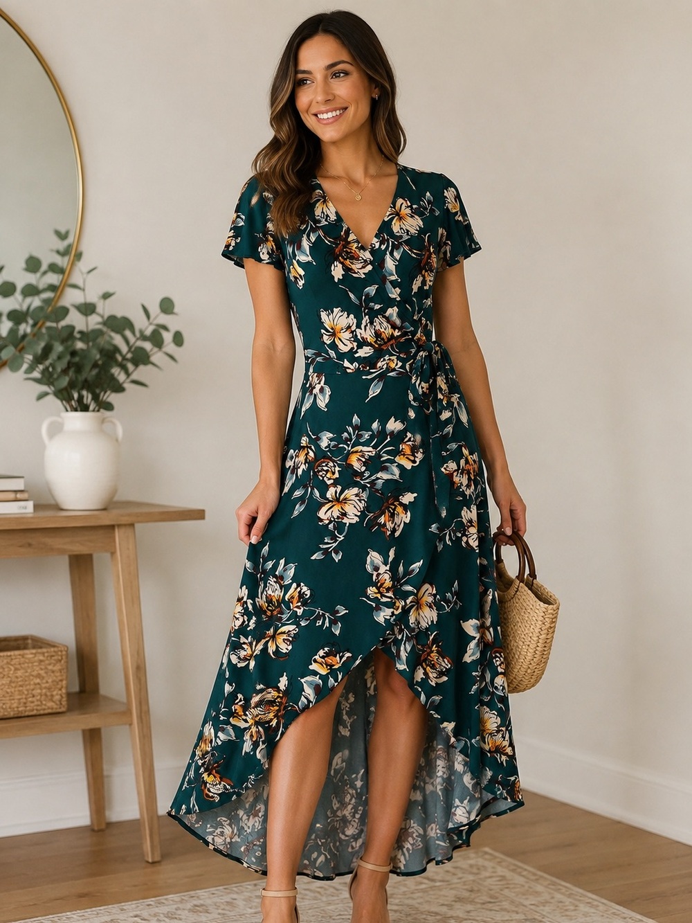 Fortune + Ivy Teal Floral Faux Wrap Hi-Low Midi Dress Size M
